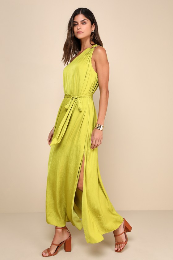 Goddess Aura Chartreuse Satin One-Shoulder Maxi Dress