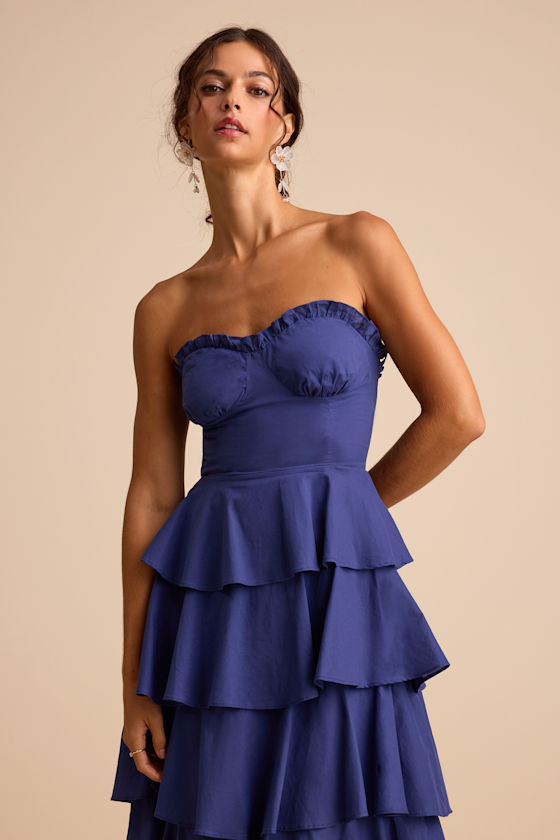 Nayha Blue Strapless Tiered Midi Dress