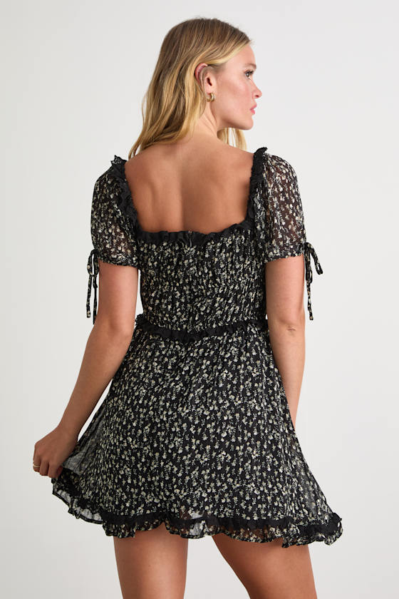 Adoring Moment Black Floral Lace Ruffled Puff Sleeve Mini Dress