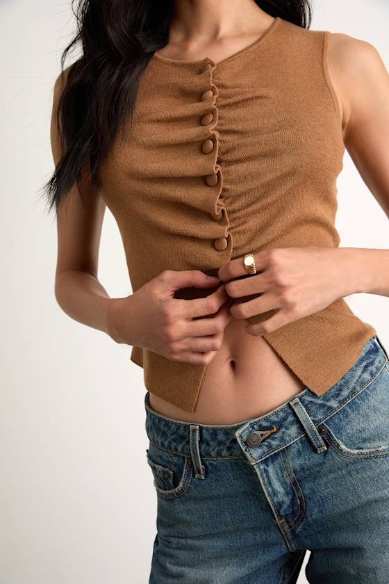 Orlane Light Brown Button-Front Sweater Tank Top