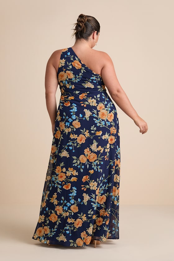 Elegant Admiration Navy Blue Floral One-Shoulder Maxi Dress