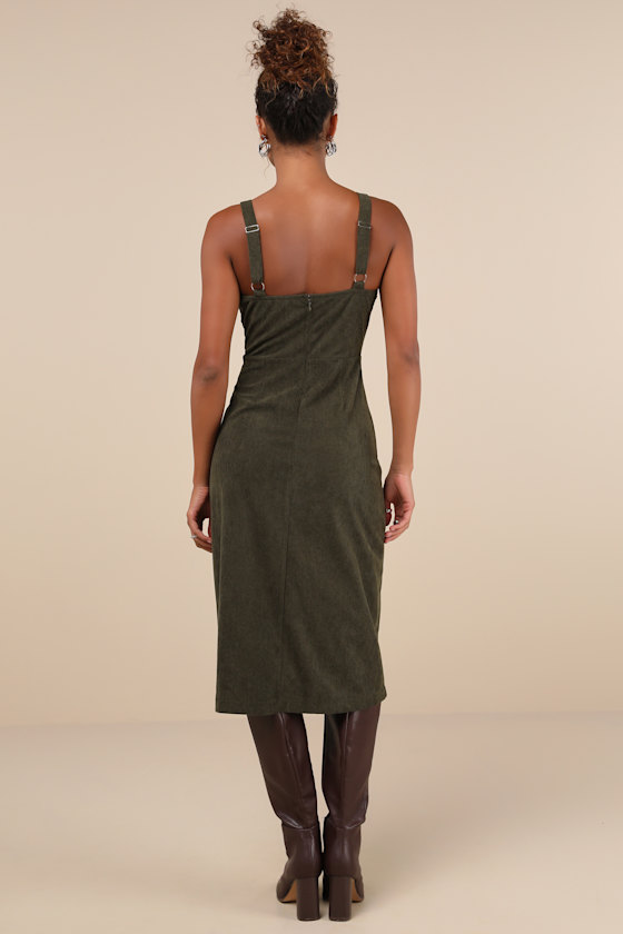Certainly the Sweetest Olive Corduroy Button-Front Midi Dress