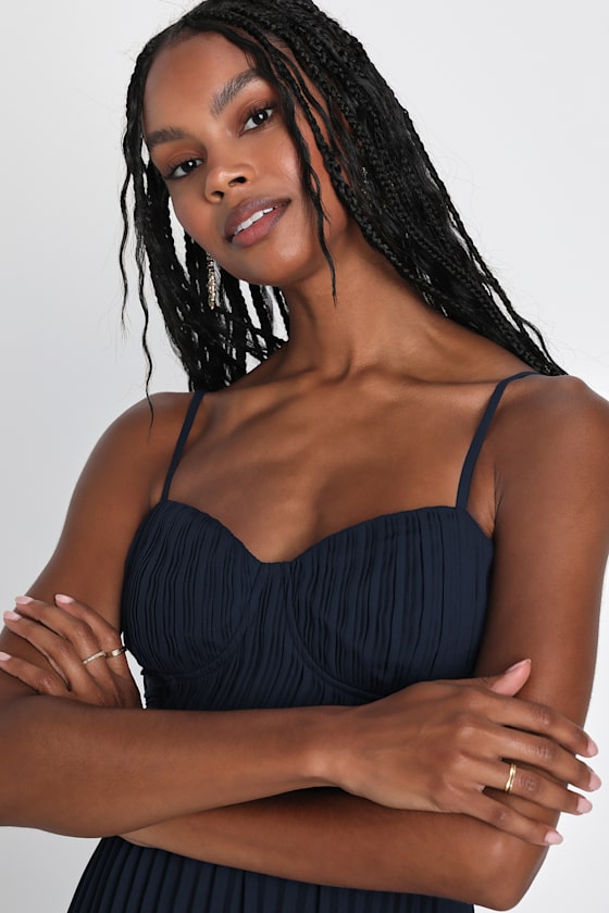 Cascading Crush Navy Blue Tiered Bustier Midi Dress