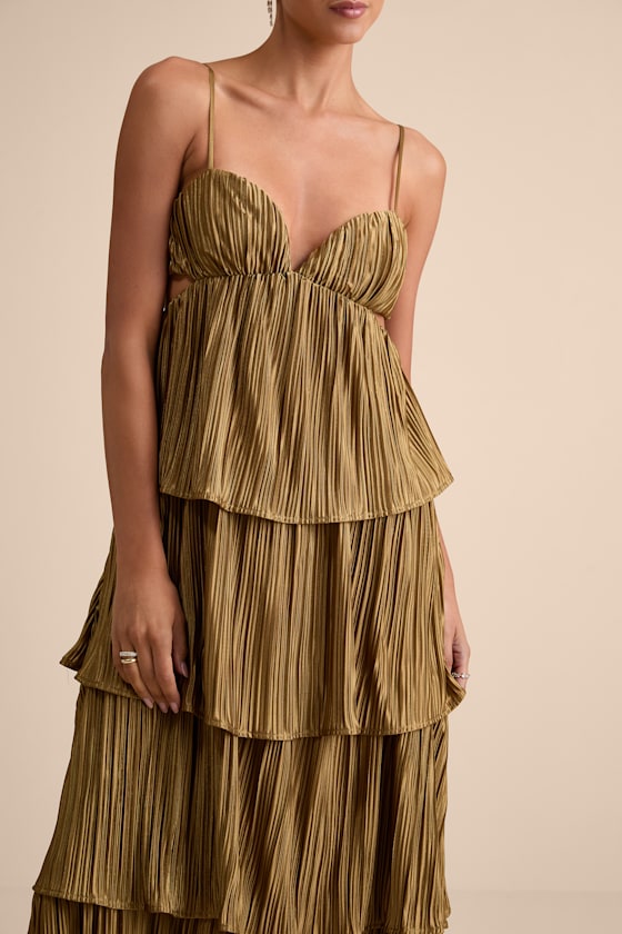 Kanya Gold Satin Plisse Tiered Maxi Dress