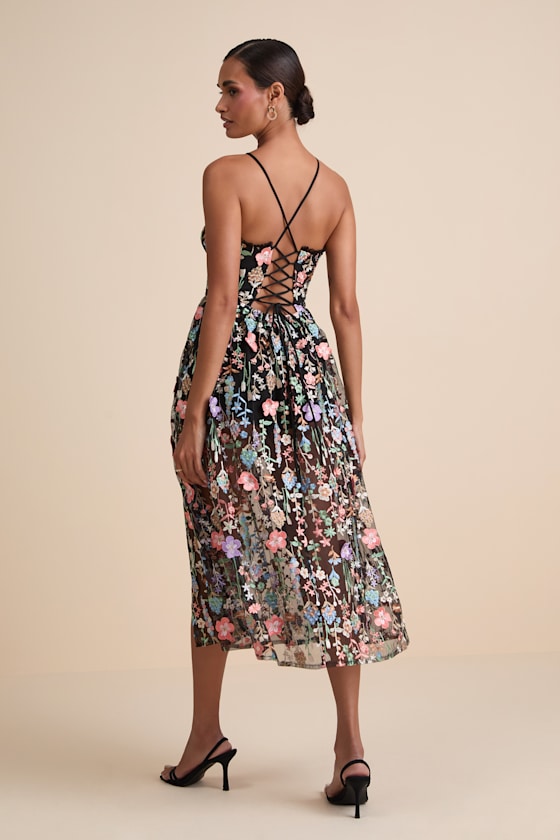 Mahryn Black 3D Floral Embroidered Midi Bodysuit Dress