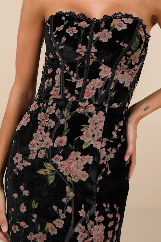 Luxurious Allure Black Burnout Velvet Strapless Maxi Dress