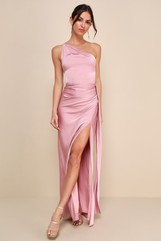 Signature Elegance Rose Satin One-Shoulder Maxi Dress