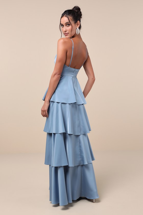 Going with Elegance Slate Blue Satin Tiered Gown