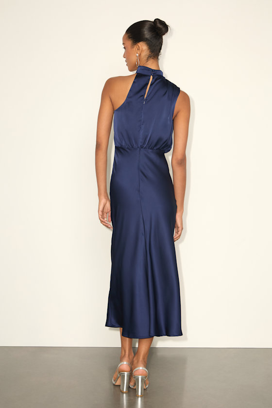 Distinctive Charm Navy Satin Asymmetrical Midi Dress