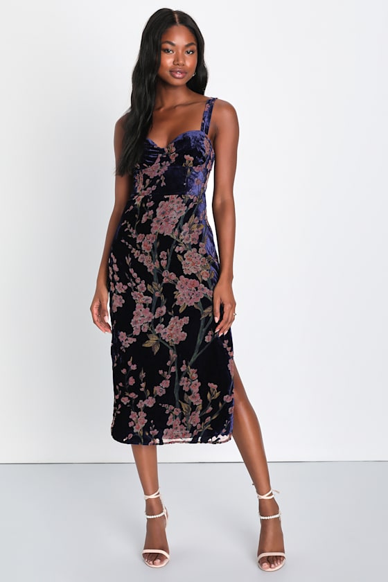 Romantic Stunner Navy Blue Floral Burnout Velvet Lace-Up Dress
