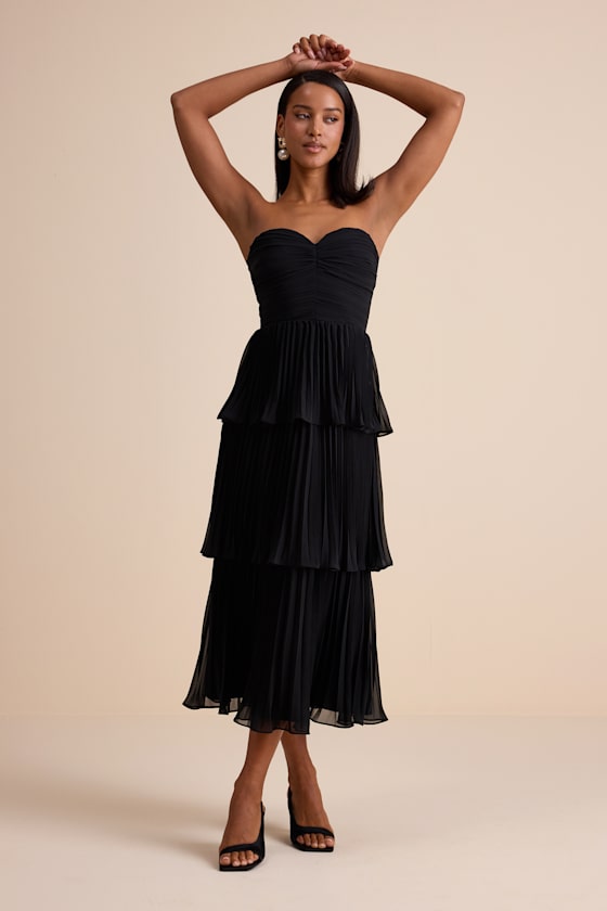 Seriously Sensational Black Strapless Tiered Midi Dress