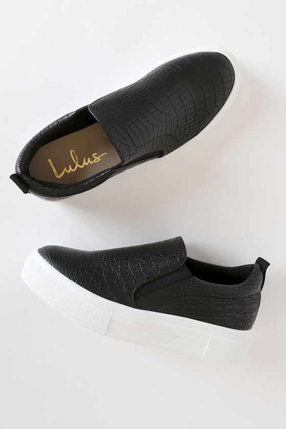 Cassay Black Crocodile-Embossed Platform Slip-On Sneakers