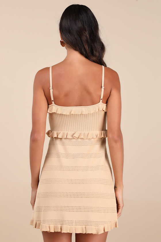 Enviable Pick Beige Pointelle Knit Ruffled Mini Dress