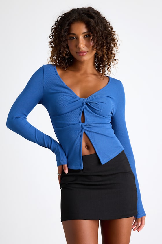 Lumirah Blue Ribbed Knot-Front Cutout Long Sleeve Top