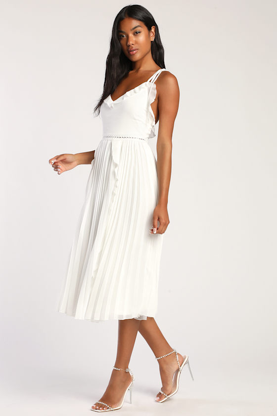 Never a Dull Moment White Tie-Strap Pleated Midi Dress
