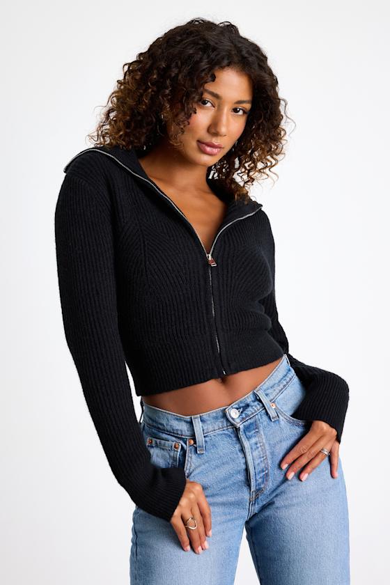 Cozy Inclination Black Cropped Zip-Front Collared Sweater