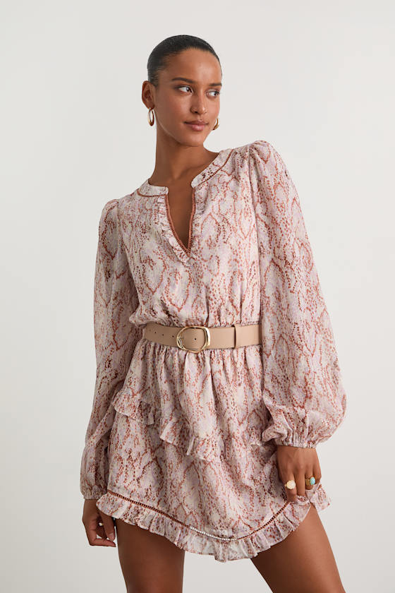 Variah Pale Pink Snake Print Long Sleeve Mini Dress