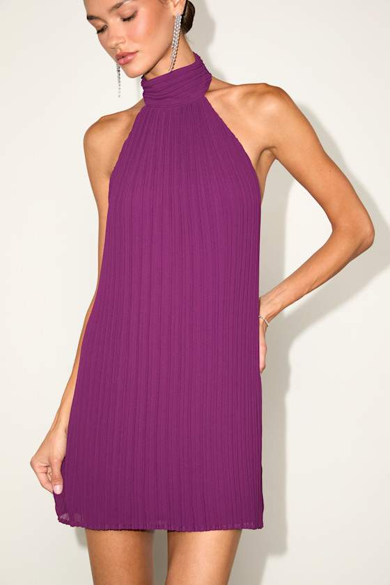 Gretchen Purple Pleated Halter Backless Mini Dress
