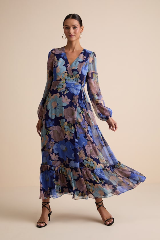 Feeling Sweet Navy Floral Print Long Sleeve Wrap Maxi Dress