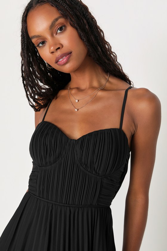 Cascading Crush Black Tiered Bustier Midi Dress