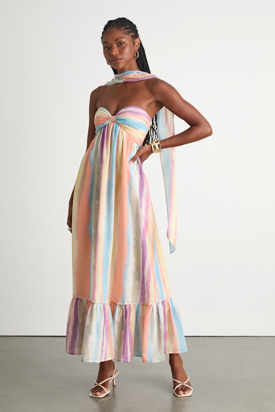 Kelia Peach Multi Striped Midi Dress and Scarf Set