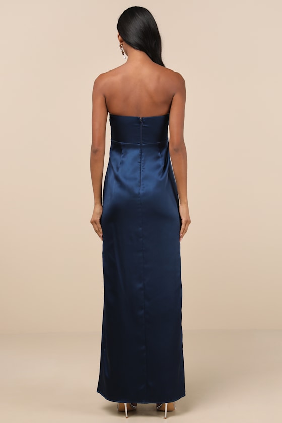Memorable Entrance Dark Blue Strapless Satin Maxi Dress