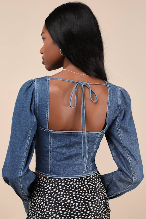 Confidently Coveted Dark Wash Denim Long Sleeve Bustier Crop Top