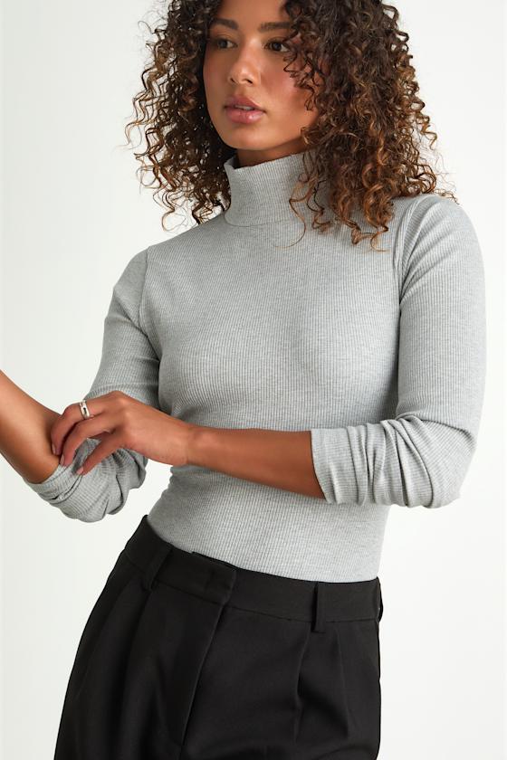 Wilde Heather Grey Ribbed Long Sleeve Mock Neck Bodysuit