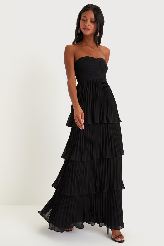 Seriously Sensational Black Strapless Tiered Maxi Dress
