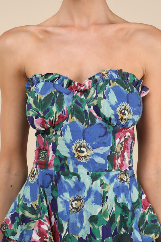 Nayha Blue Multi Floral Strapless Tiered Midi Dress