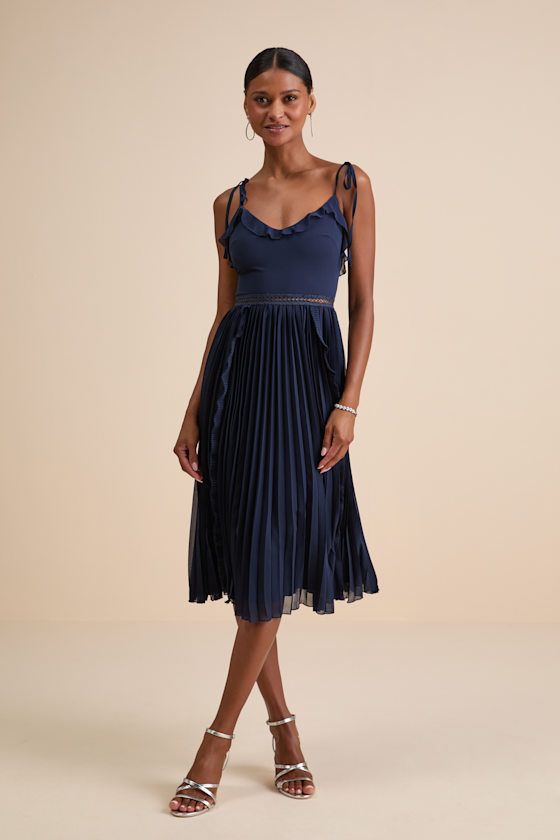 Never a Dull Moment Navy Tie-Strap Pleated Midi Dress