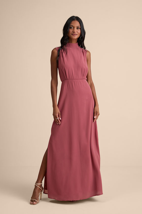Classic Elegance Rusty Rose Sleeveless Mock Neck Maxi Dress