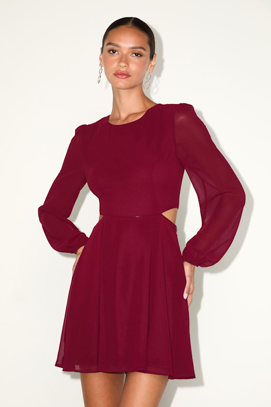 Garden Bliss Wine Red Long Sleeve Cutout Mini Dress