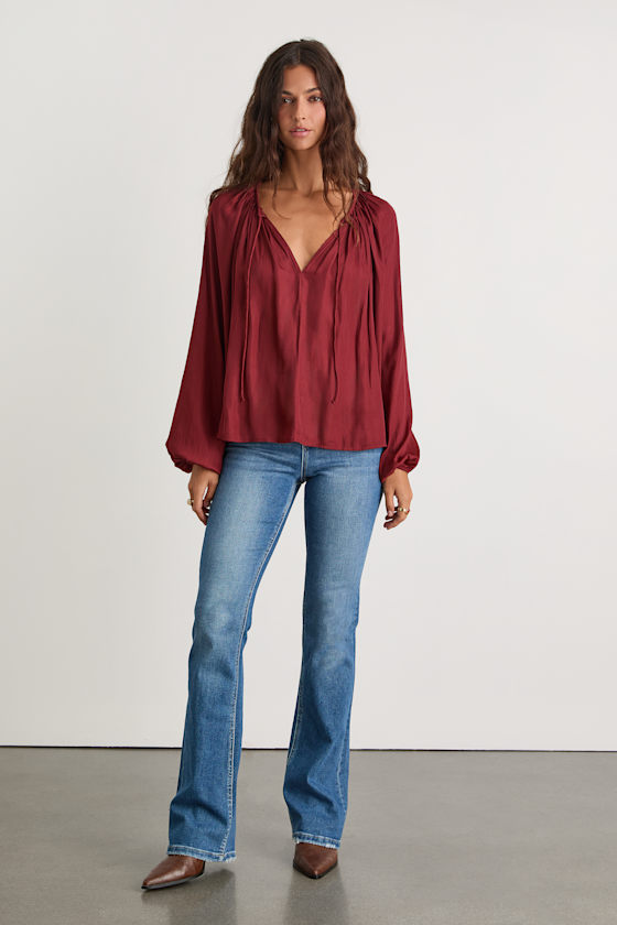 Hestia Wine Red Gathered Balloon Sleeve Top