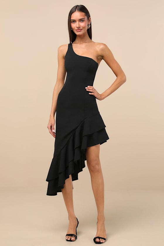 Steal a Glance Black One-Shoulder Asymmetrical Midi Dress