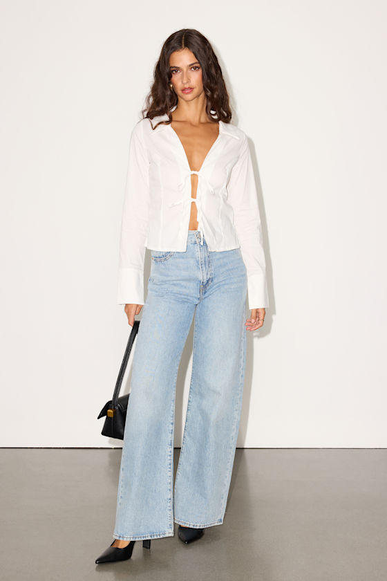 Auclair White Poplin Tie-Front Collared Long Sleeve Top