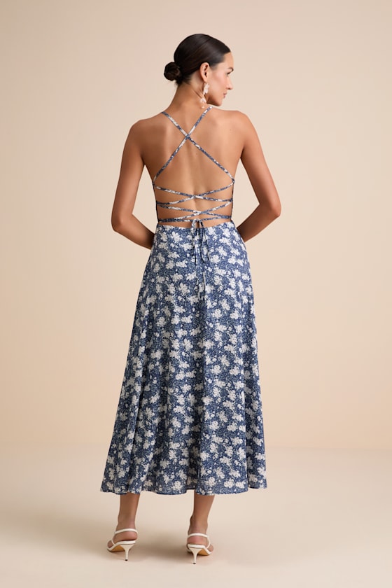 Picturesque Moments Blue Floral Print Strappy Maxi Dress