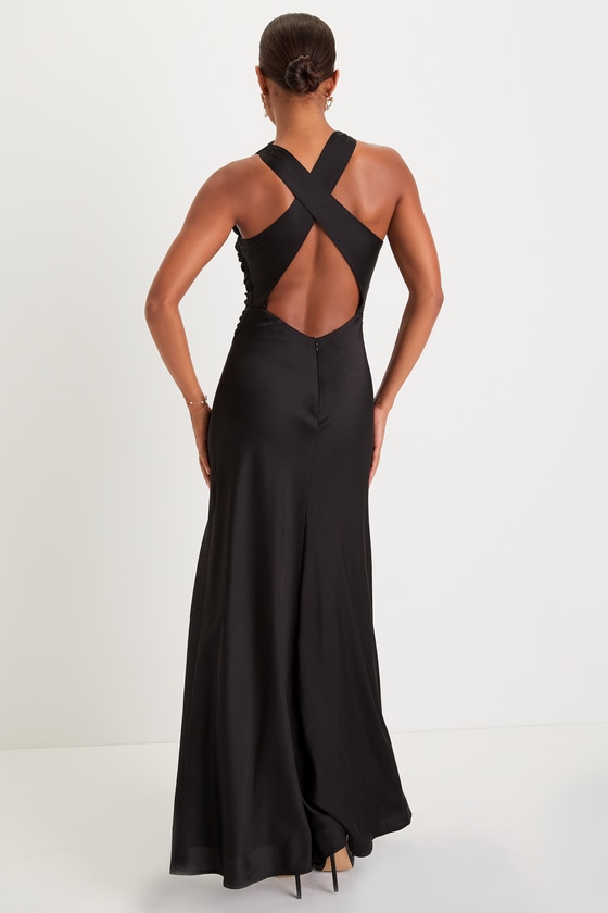 Effortlessly Sensational Black Satin Backless Maxi Dress