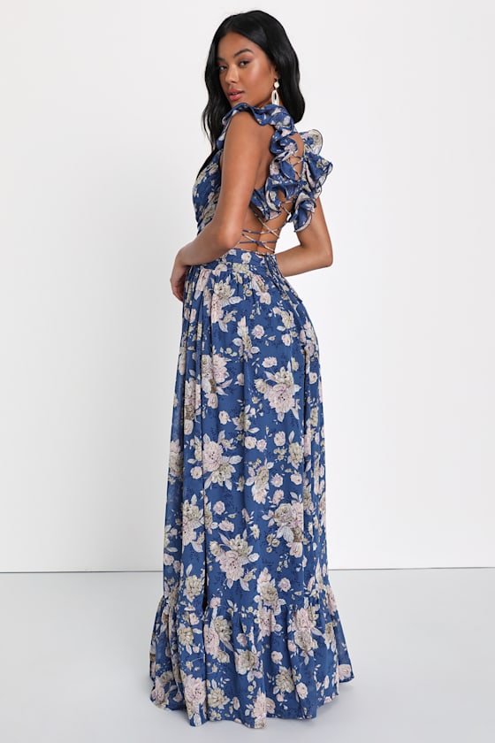 Soiree Celebration Blue Floral Ruffled Lace-Up Maxi Dress