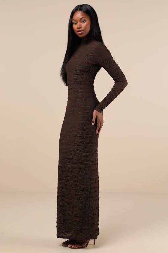 Trendsetting Design Brown Textured Long Sleeve Maxi Dress