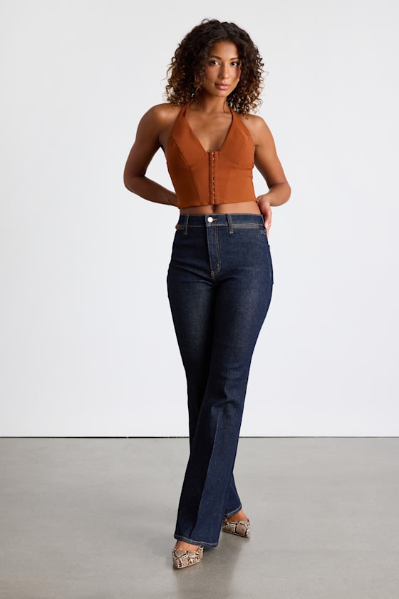 Adeema Rust Brown Hook-and-Eye Halter Crop Top