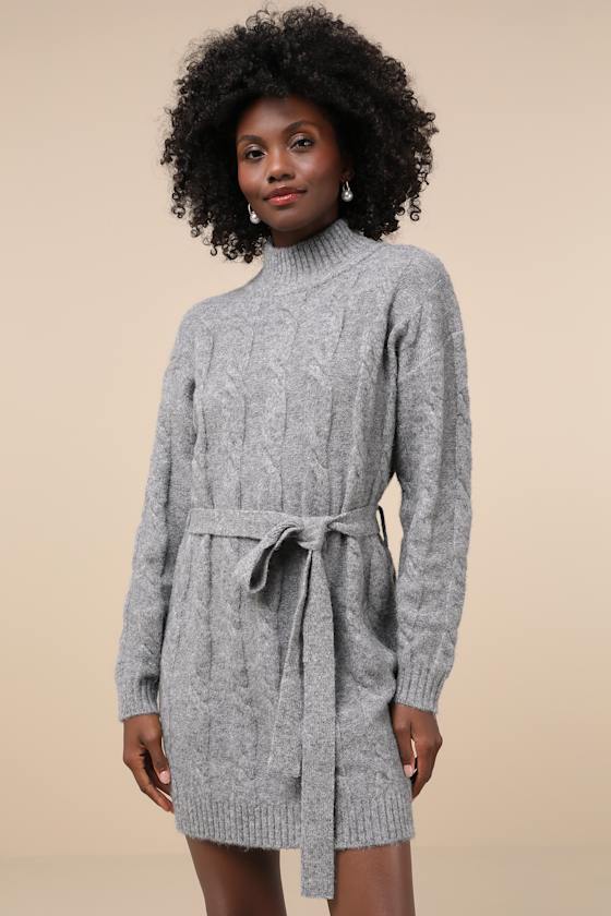 Warmed Up To You Heather Grey Cable Knit Mock Neck Sweater Dress