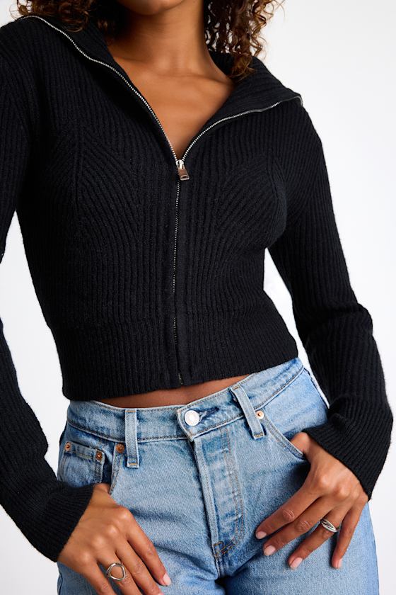 Cozy Inclination Black Cropped Zip-Front Collared Sweater