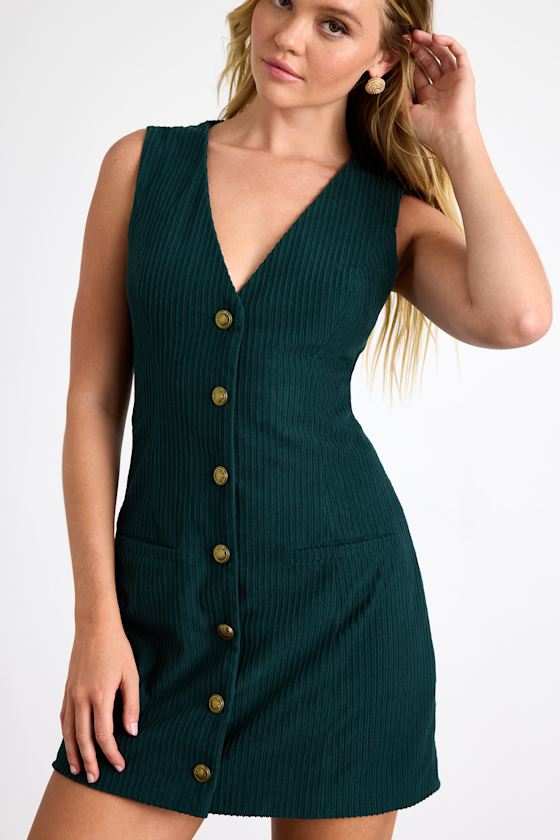 Kala Dark Green Corduroy Button-Front Mini Dress