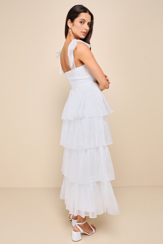 Radiant Arrival Shiny White Organza Tiered Tie-Strap Maxi Dress