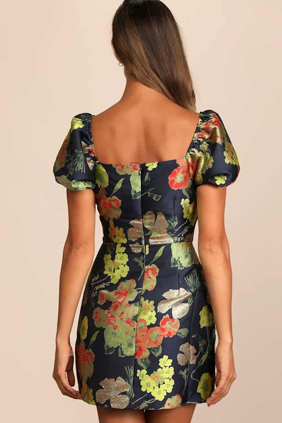 So Stunning Navy Blue Floral Jacquard Puff Sleeve Mini Dress