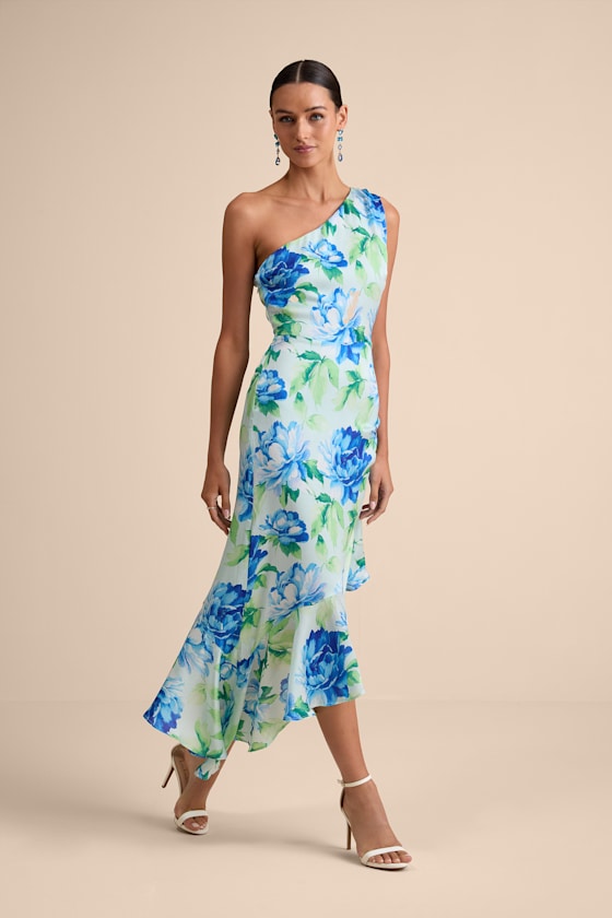 Divinely Blooming Lime Multi Floral One-Shoulder Midi Dress