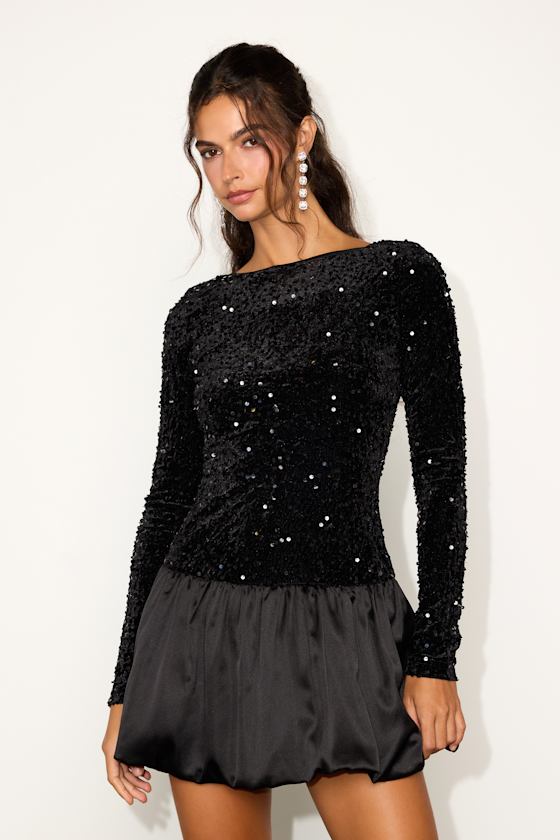 Event Aura Black Sequin Long Sleeve Mini Dress