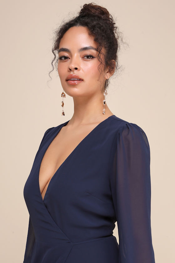 My Whole Heart Dark Navy Blue Long Sleeve Wrap Dress