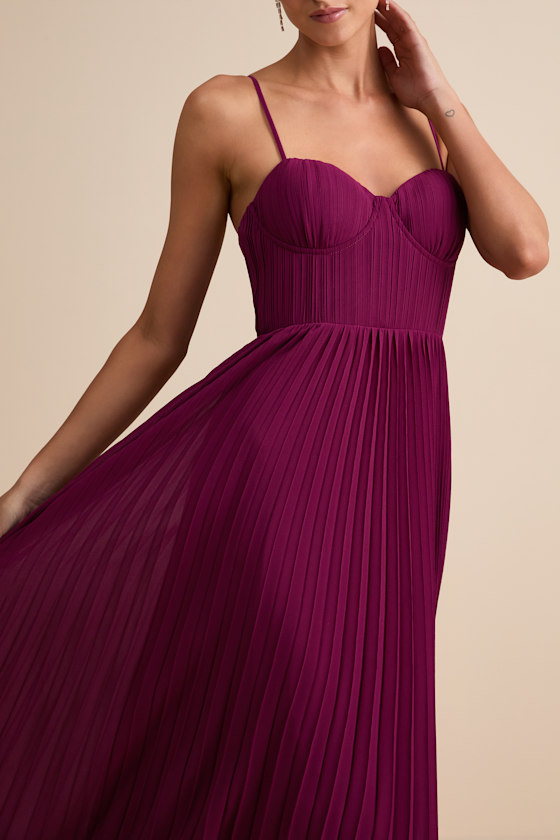 Admirable Elegance Plum Pleated Bustier Maxi Dress